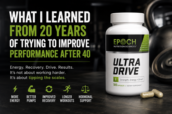Ultra Drive supplement bottle for men’s energy, recovery, workout drive, and performance after 40
