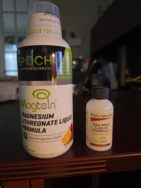 The original Poliquin Zen Mag Liquid Formula that I kept for roughly 15 years, beside the Epoch liquid Magtein formula it helped inspire.