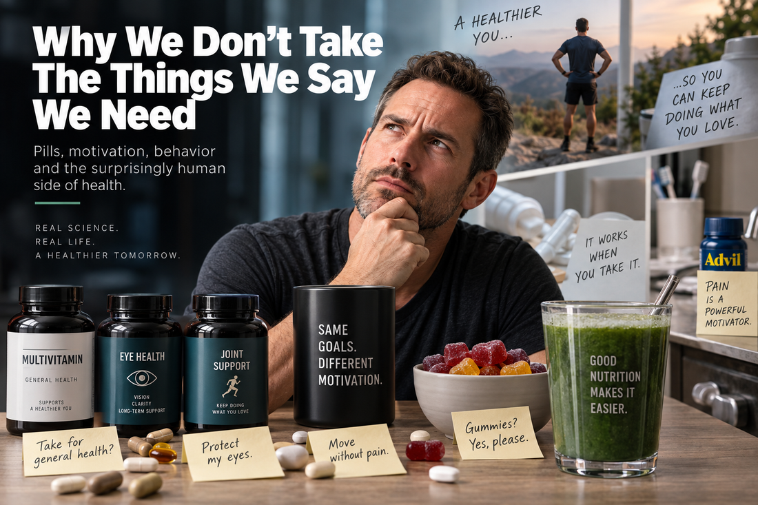 Man considering daily supplements, pills, gummies and nutrition choices, illustrating supplement adherence, motivation and pill fatigue.