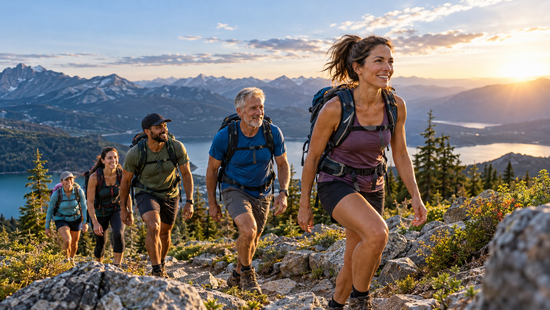 Mixed-age group of adults hiking a challenging mountain trail together, enjoying fitness, adventure, and an active lifestyle.