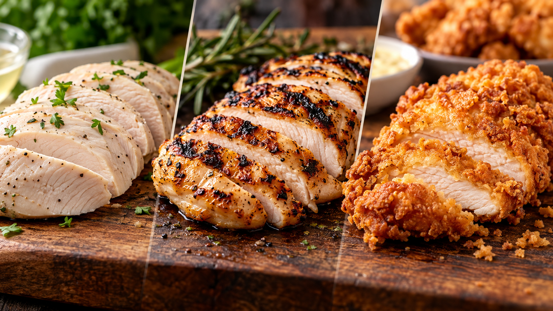Chicken breast prepared by different cooking methods including poached, grilled and fried chicken
